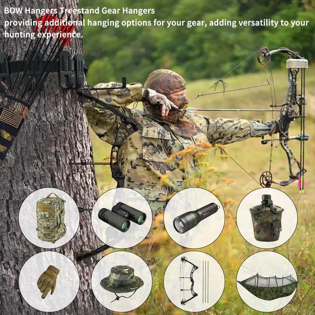 Alt view image 4 of 7 - Treestand Strap Gear Hangers Comes with 3 Metal Gear Hooks and 1 Bow Hanger, for Tree Stand Platform Hunting Gears