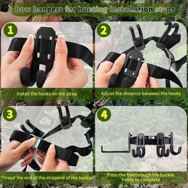 Alt view image 5 of 7 - Treestand Strap Gear Hangers Comes with 3 Metal Gear Hooks and 1 Bow Hanger, for Tree Stand Platform Hunting Gears