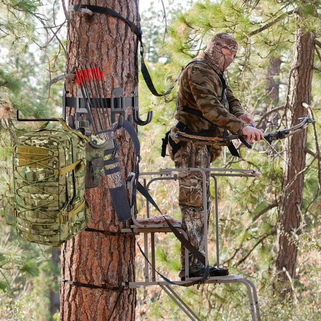 Alt view image 7 of 7 - Treestand Strap Gear Hangers Comes with 3 Metal Gear Hooks and 1 Bow Hanger, for Tree Stand Platform Hunting Gears