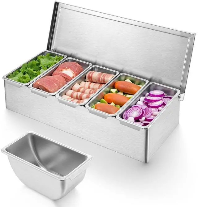 Main image of Pizza Topping Station, Condiment Station, Stainless Steel Pizza Topping Station with 5 Removable Containers for Salad Bar and Nacho Bar Topping Station and Grill Table