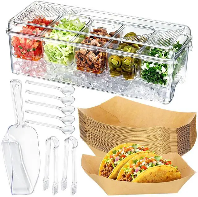Main image of Sliner Taco Bar Serving Set for Party, Ice Chilled Condiment Caddy with 5 Containers, 50 Paper Food Trays, Scoop Spoons Clip, Fruit Salad Chilled Tray for Taco Mimosa Bar Party Beach Picnic Outdoor