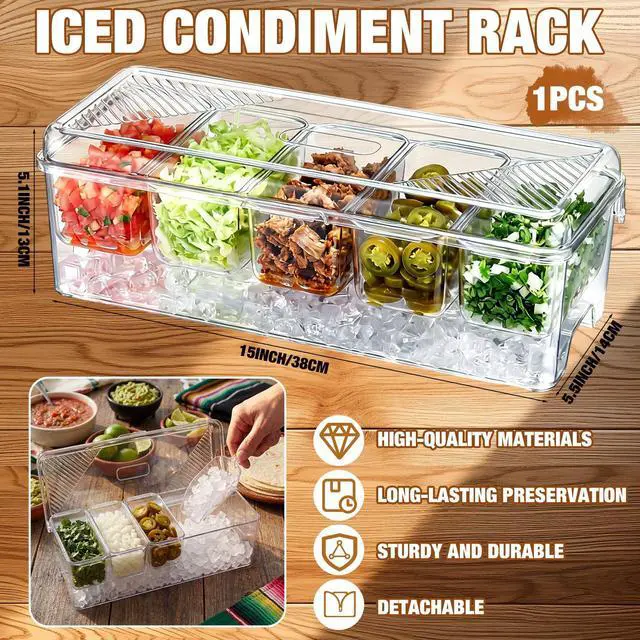 Alt view image 2 of 7 - Sliner Taco Bar Serving Set for Party, Ice Chilled Condiment Caddy with 5 Containers, 50 Paper Food Trays, Scoop Spoons Clip, Fruit Salad Chilled Tray for Taco Mimosa Bar Party Beach Picnic Outdoor
