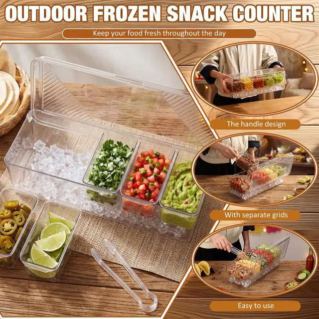 Alt view image 4 of 7 - Sliner Taco Bar Serving Set for Party, Ice Chilled Condiment Caddy with 5 Containers, 50 Paper Food Trays, Scoop Spoons Clip, Fruit Salad Chilled Tray for Taco Mimosa Bar Party Beach Picnic Outdoor