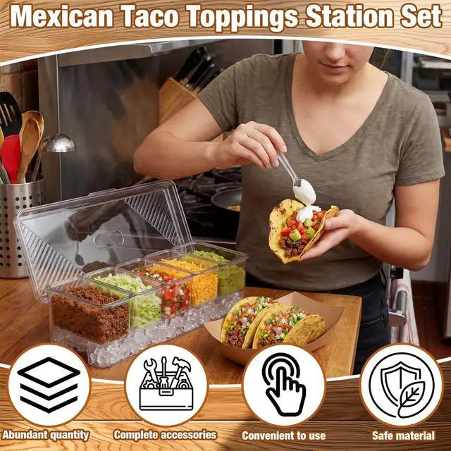 Alt view image 5 of 7 - Sliner Taco Bar Serving Set for Party, Ice Chilled Condiment Caddy with 5 Containers, 50 Paper Food Trays, Scoop Spoons Clip, Fruit Salad Chilled Tray for Taco Mimosa Bar Party Beach Picnic Outdoor