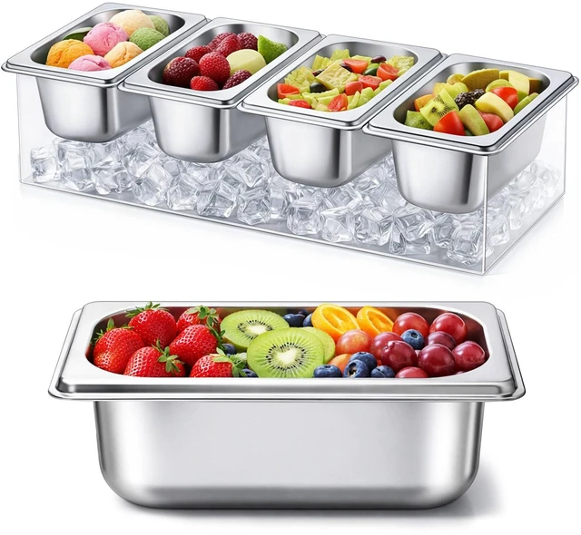 Main image of FoldTier Ice Chilled Condiment Caddy with 4 x 20 Oz Containers, 16.5 Inch Stainless Steel Condiment Server Chilled Serving Salad Containers for Fruit Seafood Vegetable Shrimp Cocktail