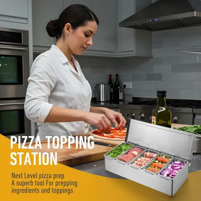 Alt view image 7 of 7 - Pizza Topping Station, Condiment Station, Stainless Steel Pizza Topping Station with 5 Removable Containers for Salad Bar and Nacho Bar Topping Station and Grill Table