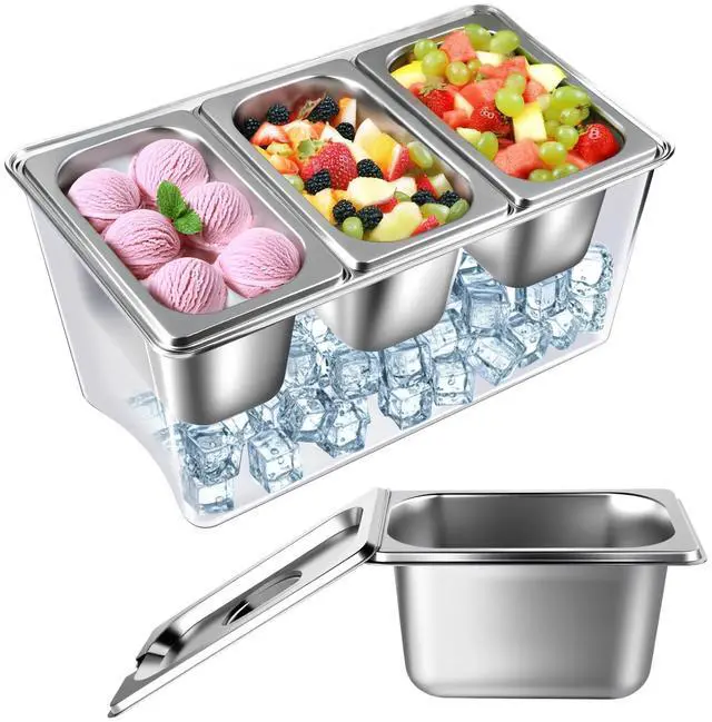 Main image of 3 Compartments Ice Chilled Condiment Caddy, 30.5 oz Salad Bar Containers Stainless Steel Serving Dish with Lids for Bar, Hummus, Fruit, Salad, Ice Cream Topping, Sauces, Party Supply