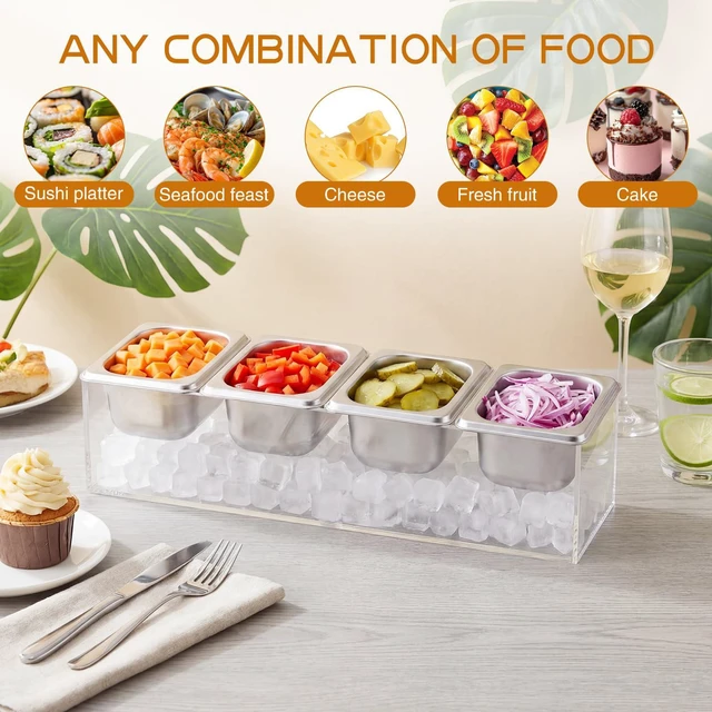 Alt view image 2 of 6 - FoldTier Ice Chilled Condiment Caddy with 4 x 20 Oz Containers, 16.5 Inch Stainless Steel Condiment Server Chilled Serving Salad Containers for Fruit Seafood Vegetable Shrimp Cocktail