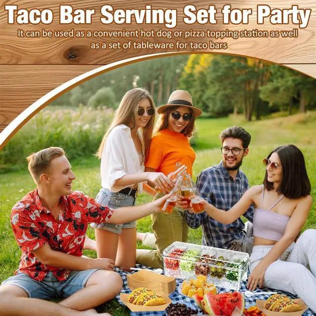 Alt view image 6 of 7 - Sliner Taco Bar Serving Set for Party, Ice Chilled Condiment Caddy with 5 Containers, 50 Paper Food Trays, Scoop Spoons Clip, Fruit Salad Chilled Tray for Taco Mimosa Bar Party Beach Picnic Outdoor