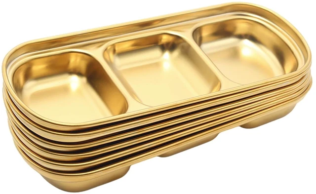 Main image of 6pcs 8inch Stainless Steel Divided Dip Bowls,Sauce Bowl Korean Ketchup Bowl,Compartment Condiment Tray for Home/Restaurant (Gold, Triple Dipping Bowl)