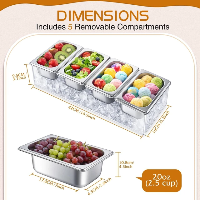 Alt view image 3 of 6 - FoldTier Ice Chilled Condiment Caddy with 4 x 20 Oz Containers, 16.5 Inch Stainless Steel Condiment Server Chilled Serving Salad Containers for Fruit Seafood Vegetable Shrimp Cocktail