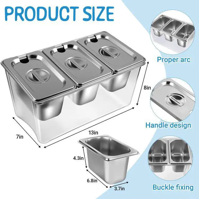 Alt view image 2 of 7 - 3 Compartments Ice Chilled Condiment Caddy, 30.5 oz Salad Bar Containers Stainless Steel Serving Dish with Lids for Bar, Hummus, Fruit, Salad, Ice Cream Topping, Sauces, Party Supply