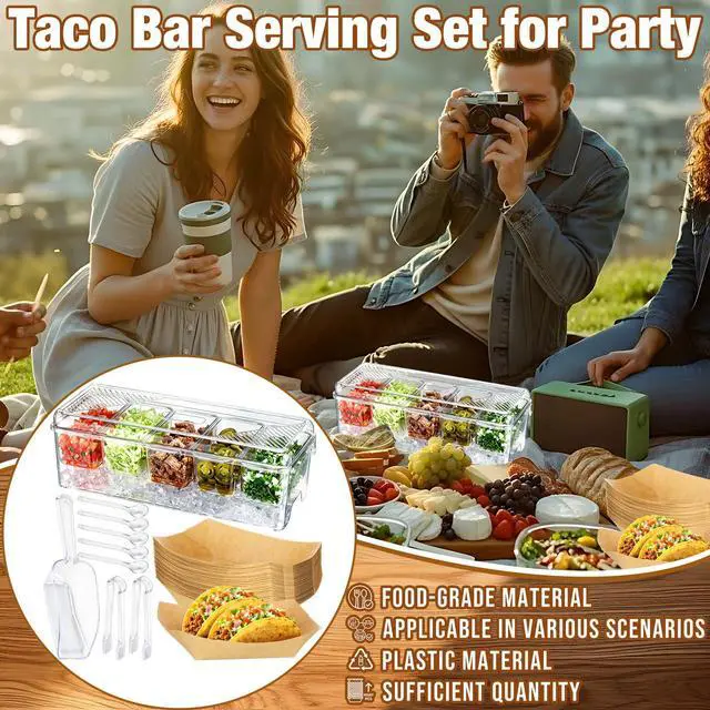 Alt view image 7 of 7 - Sliner Taco Bar Serving Set for Party, Ice Chilled Condiment Caddy with 5 Containers, 50 Paper Food Trays, Scoop Spoons Clip, Fruit Salad Chilled Tray for Taco Mimosa Bar Party Beach Picnic Outdoor