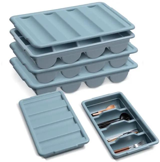 Main image of 3 Pcs 20.5 x 11.9 x 3.7 Inch Silverware Organizer with Lid, Commercial 4-compartment Restaurant Kitchen Cutlery Tray, Plastic Silverware Storage Container, Condiments Holder (Grayish Blue)