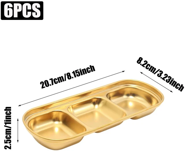 Alt view image 2 of 5 - 6pcs 8inch Stainless Steel Divided Dip Bowls,Sauce Bowl Korean Ketchup Bowl,Compartment Condiment Tray for Home/Restaurant (Gold, Triple Dipping Bowl)