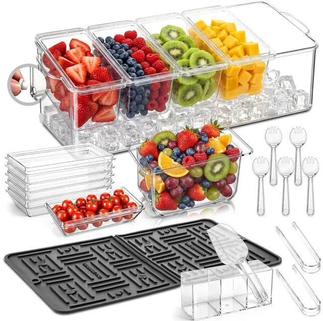 Main image of Ice Chilled Condiment Caddy with Drain Plug, 5 Containers with Lids, 85 oz Ice Capacity, 11 Pcs Complete Garnish Tray Condiment Server Set with Drainer Mat Cutlery Holder for Taco Bar Party