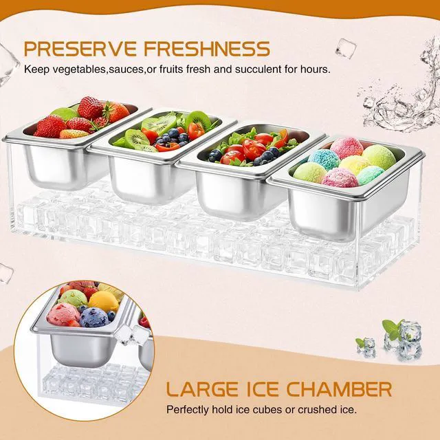 Alt view image 4 of 6 - FoldTier Ice Chilled Condiment Caddy with 4 x 20 Oz Containers, 16.5 Inch Stainless Steel Condiment Server Chilled Serving Salad Containers for Fruit Seafood Vegetable Shrimp Cocktail