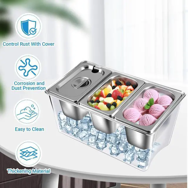 Alt view image 3 of 7 - 3 Compartments Ice Chilled Condiment Caddy, 30.5 oz Salad Bar Containers Stainless Steel Serving Dish with Lids for Bar, Hummus, Fruit, Salad, Ice Cream Topping, Sauces, Party Supply