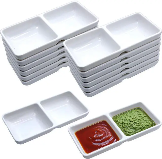 Main image of 12 PCS Dual Dipping Sauce Bowls, 2-Compartment Melamine Plastic Dip Trays, Divided Sauces Dishes for Ketchup, Soy Sauce, Wasabi, BBQ, Appetizers, Perfect for Parties, Restaurants Family Gatherings