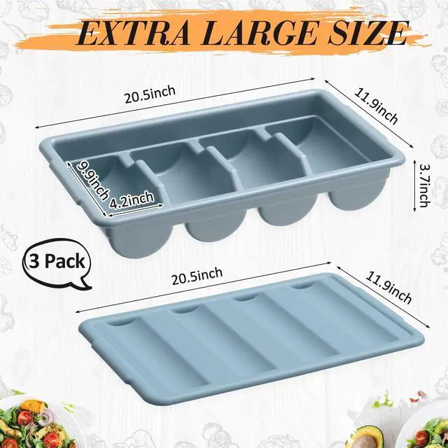 Alt view image 2 of 7 - 3 Pcs 20.5 x 11.9 x 3.7 Inch Silverware Organizer with Lid, Commercial 4-compartment Restaurant Kitchen Cutlery Tray, Plastic Silverware Storage Container, Condiments Holder (Grayish Blue)