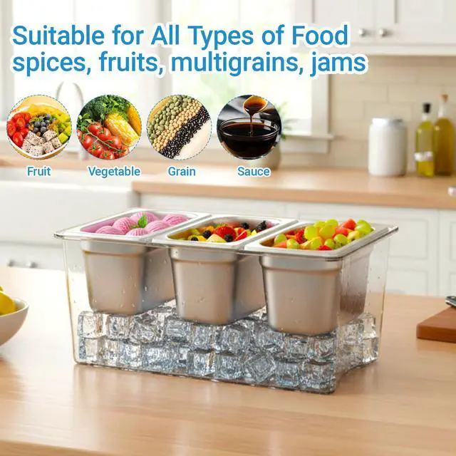Alt view image 4 of 7 - 3 Compartments Ice Chilled Condiment Caddy, 30.5 oz Salad Bar Containers Stainless Steel Serving Dish with Lids for Bar, Hummus, Fruit, Salad, Ice Cream Topping, Sauces, Party Supply