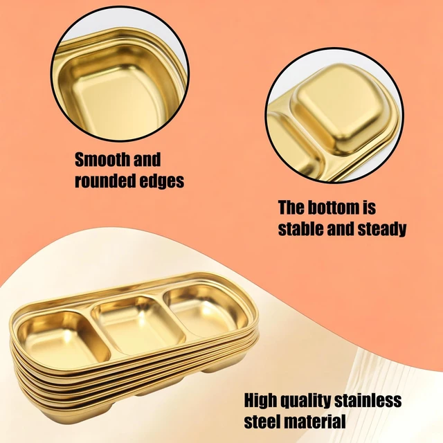 Alt view image 3 of 5 - 6pcs 8inch Stainless Steel Divided Dip Bowls,Sauce Bowl Korean Ketchup Bowl,Compartment Condiment Tray for Home/Restaurant (Gold, Triple Dipping Bowl)