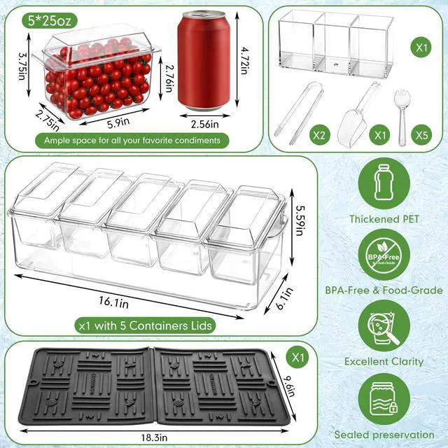 Alt view image 2 of 7 - Ice Chilled Condiment Caddy with Drain Plug, 5 Containers with Lids, 85 oz Ice Capacity, 11 Pcs Complete Garnish Tray Condiment Server Set with Drainer Mat Cutlery Holder for Taco Bar Party