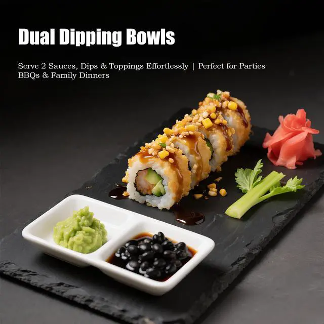 Alt view image 2 of 6 - 12 PCS Dual Dipping Sauce Bowls, 2-Compartment Melamine Plastic Dip Trays, Divided Sauces Dishes for Ketchup, Soy Sauce, Wasabi, BBQ, Appetizers, Perfect for Parties, Restaurants Family Gatherings