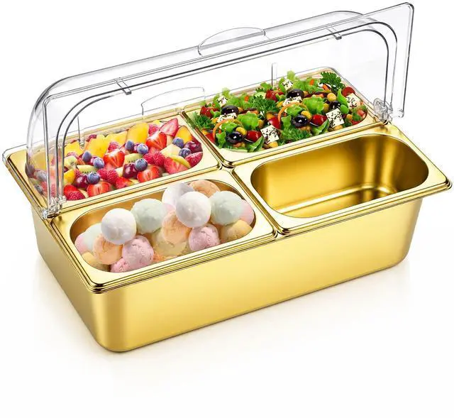 Main image of Countertop Food Serving Display Container and Clear Roll Top Cover Stainless Steel Food Serving Tray Buffet Condiment Dispenser Display Rack for Restaurant Kitchen (Gold,21 x 13 x 13'')