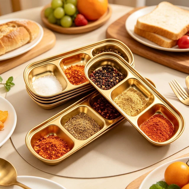 Alt view image 4 of 5 - 6pcs 8inch Stainless Steel Divided Dip Bowls,Sauce Bowl Korean Ketchup Bowl,Compartment Condiment Tray for Home/Restaurant (Gold, Triple Dipping Bowl)