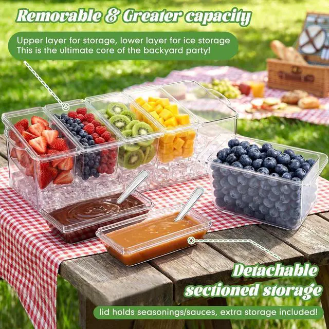 Alt view image 3 of 7 - Ice Chilled Condiment Caddy with Drain Plug, 5 Containers with Lids, 85 oz Ice Capacity, 11 Pcs Complete Garnish Tray Condiment Server Set with Drainer Mat Cutlery Holder for Taco Bar Party