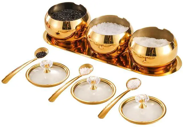 Main image of 304 Stainless Steel Seasoning Containers Set, Condiment Jar Spice Container with Lid Spoon and Tray