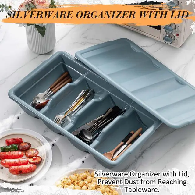 Alt view image 3 of 7 - 3 Pcs 20.5 x 11.9 x 3.7 Inch Silverware Organizer with Lid, Commercial 4-compartment Restaurant Kitchen Cutlery Tray, Plastic Silverware Storage Container, Condiments Holder (Grayish Blue)
