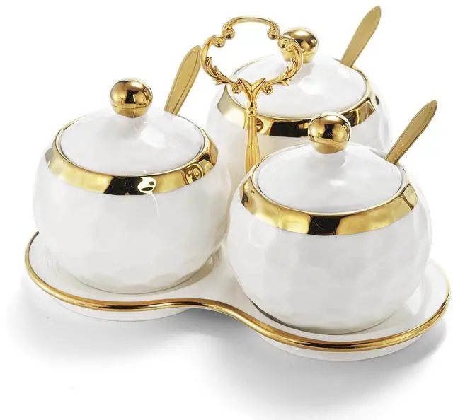 Main image of Foraineam Porcelain Condiment Pot Sugar Bowl Spice Jars with Lid, Spoon and Tray, Salt Container Spice Box Seasoning Pots, White Sugar Salt Bowls Set for Kitchen, Restaurant, Coffee Bar, Set of 3