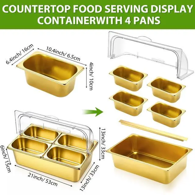 Alt view image 2 of 7 - Countertop Food Serving Display Container and Clear Roll Top Cover Stainless Steel Food Serving Tray Buffet Condiment Dispenser Display Rack for Restaurant Kitchen (Gold,21 x 13 x 13'')