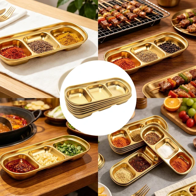 Alt view image 5 of 5 - 6pcs 8inch Stainless Steel Divided Dip Bowls,Sauce Bowl Korean Ketchup Bowl,Compartment Condiment Tray for Home/Restaurant (Gold, Triple Dipping Bowl)