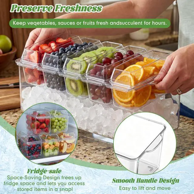 Alt view image 4 of 7 - Ice Chilled Condiment Caddy with Drain Plug, 5 Containers with Lids, 85 oz Ice Capacity, 11 Pcs Complete Garnish Tray Condiment Server Set with Drainer Mat Cutlery Holder for Taco Bar Party