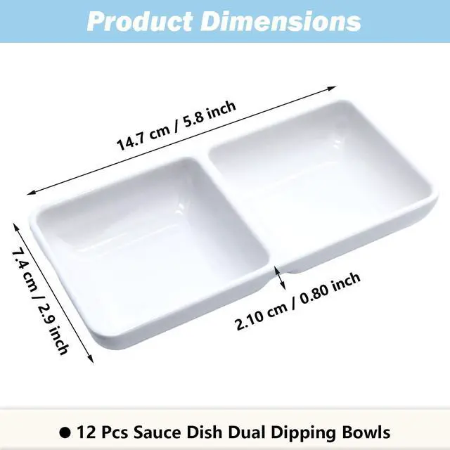 Alt view image 3 of 6 - 12 PCS Dual Dipping Sauce Bowls, 2-Compartment Melamine Plastic Dip Trays, Divided Sauces Dishes for Ketchup, Soy Sauce, Wasabi, BBQ, Appetizers, Perfect for Parties, Restaurants Family Gatherings