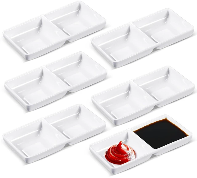Main image of Gejoy 6 Pcs Dual Dipping Sauce Bowls Soy Sauce Dish Bowls Two Compartments Party Trays Divided Fondue Plates for Restaurant Kitchen Sushi Soy (White)