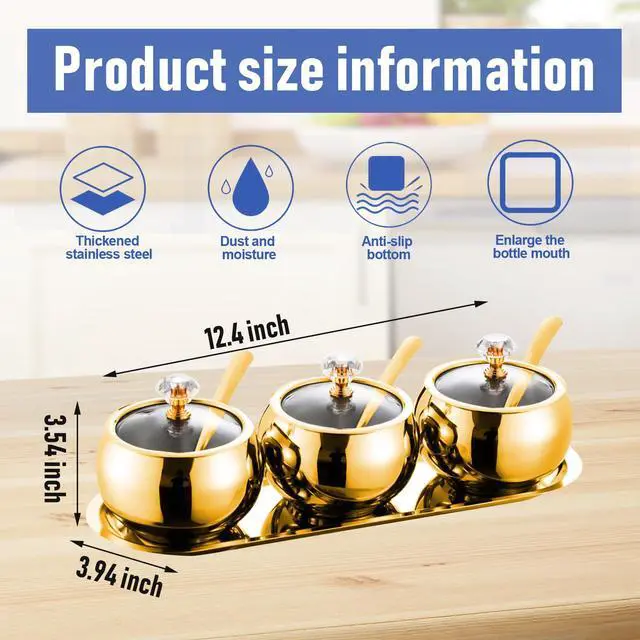 Alt view image 2 of 7 - 304 Stainless Steel Seasoning Containers Set, Condiment Jar Spice Container with Lid Spoon and Tray