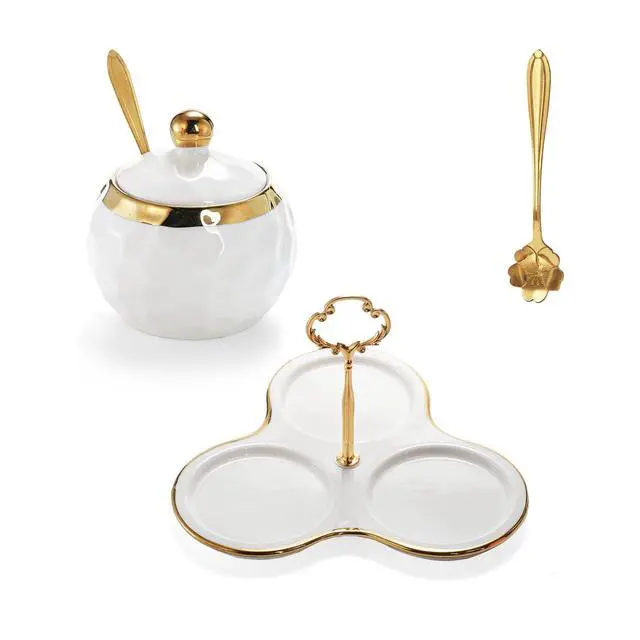 Alt view image 2 of 7 - Foraineam Porcelain Condiment Pot Sugar Bowl Spice Jars with Lid, Spoon and Tray, Salt Container Spice Box Seasoning Pots, White Sugar Salt Bowls Set for Kitchen, Restaurant, Coffee Bar, Set of 3