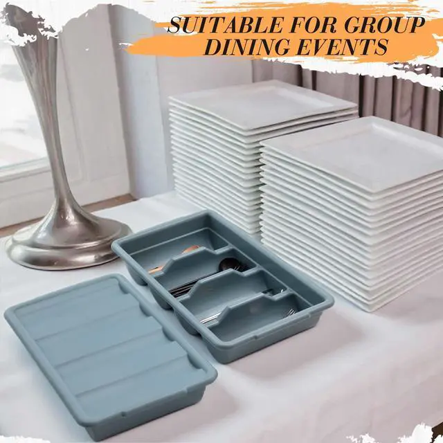 Alt view image 4 of 7 - 3 Pcs 20.5 x 11.9 x 3.7 Inch Silverware Organizer with Lid, Commercial 4-compartment Restaurant Kitchen Cutlery Tray, Plastic Silverware Storage Container, Condiments Holder (Grayish Blue)
