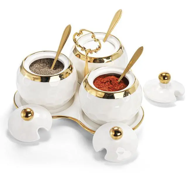Alt view image 3 of 7 - Foraineam Porcelain Condiment Pot Sugar Bowl Spice Jars with Lid, Spoon and Tray, Salt Container Spice Box Seasoning Pots, White Sugar Salt Bowls Set for Kitchen, Restaurant, Coffee Bar, Set of 3