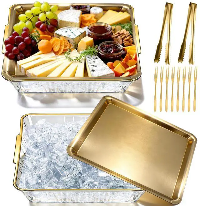 Main image of 2 Set Chilled Serving Tray for Christmas Parties Ice Chilled Party Platter Charcuterie Serving Board Cold Dish Dip with Forks Tongs for Fruit Seafood Vegetable Appetizer (11.81",Gold)