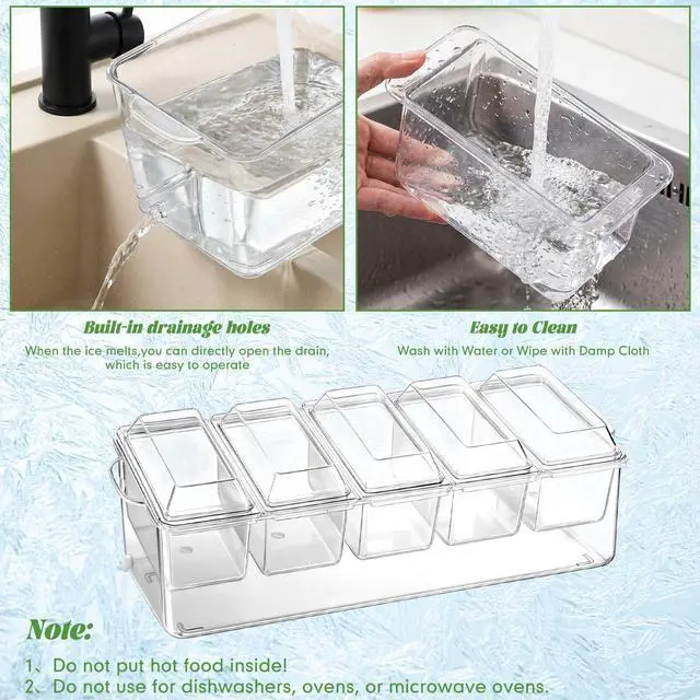 Alt view image 5 of 7 - Ice Chilled Condiment Caddy with Drain Plug, 5 Containers with Lids, 85 oz Ice Capacity, 11 Pcs Complete Garnish Tray Condiment Server Set with Drainer Mat Cutlery Holder for Taco Bar Party