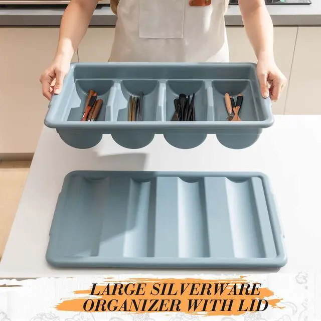 Alt view image 5 of 7 - 3 Pcs 20.5 x 11.9 x 3.7 Inch Silverware Organizer with Lid, Commercial 4-compartment Restaurant Kitchen Cutlery Tray, Plastic Silverware Storage Container, Condiments Holder (Grayish Blue)