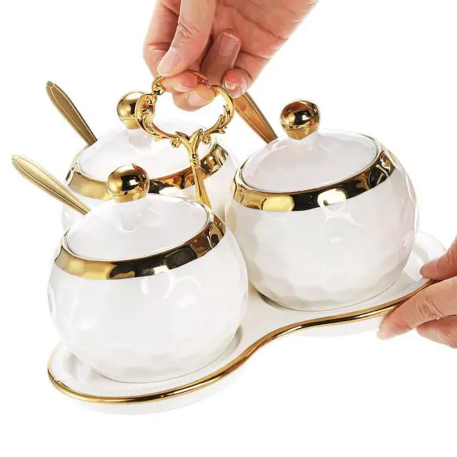 Alt view image 4 of 7 - Foraineam Porcelain Condiment Pot Sugar Bowl Spice Jars with Lid, Spoon and Tray, Salt Container Spice Box Seasoning Pots, White Sugar Salt Bowls Set for Kitchen, Restaurant, Coffee Bar, Set of 3