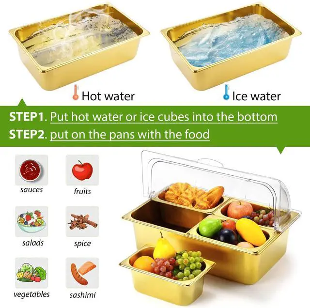 Alt view image 4 of 7 - Countertop Food Serving Display Container and Clear Roll Top Cover Stainless Steel Food Serving Tray Buffet Condiment Dispenser Display Rack for Restaurant Kitchen (Gold,21 x 13 x 13'')