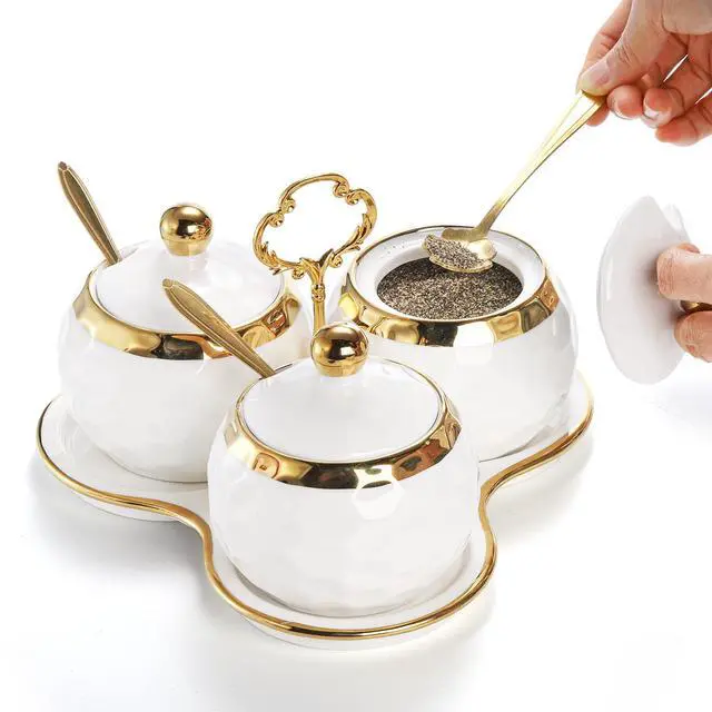 Alt view image 5 of 7 - Foraineam Porcelain Condiment Pot Sugar Bowl Spice Jars with Lid, Spoon and Tray, Salt Container Spice Box Seasoning Pots, White Sugar Salt Bowls Set for Kitchen, Restaurant, Coffee Bar, Set of 3