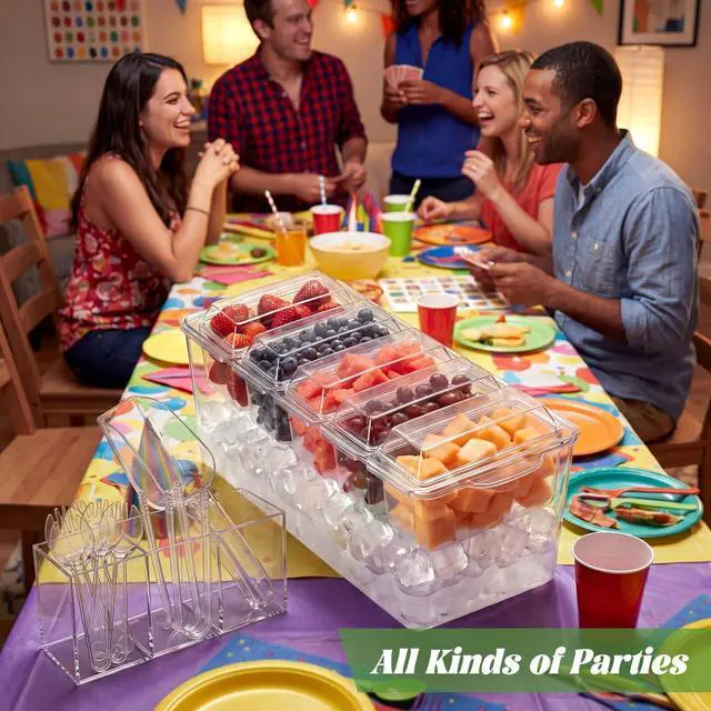 Alt view image 6 of 7 - Ice Chilled Condiment Caddy with Drain Plug, 5 Containers with Lids, 85 oz Ice Capacity, 11 Pcs Complete Garnish Tray Condiment Server Set with Drainer Mat Cutlery Holder for Taco Bar Party